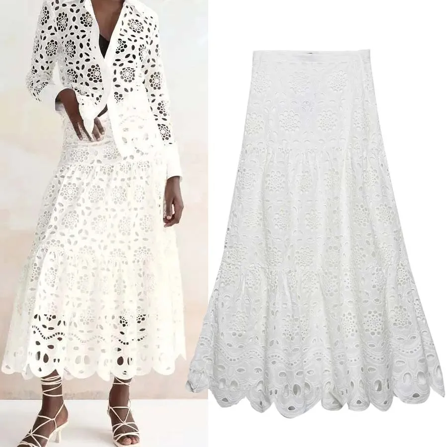Vielseitiger, weiß bestickter, lässiger langer Rock für Damen, S420, mittellanger All-Match-F-Rock, Frühling 2024, Faion-Trend