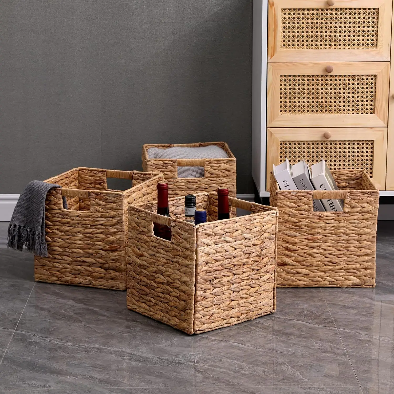 Storage Baskets Wicker Cube Baskets Foldable Handwoven Water Hyacinth Laundry Organizer,Set of 4 pcs Baskets-11x11x11inch