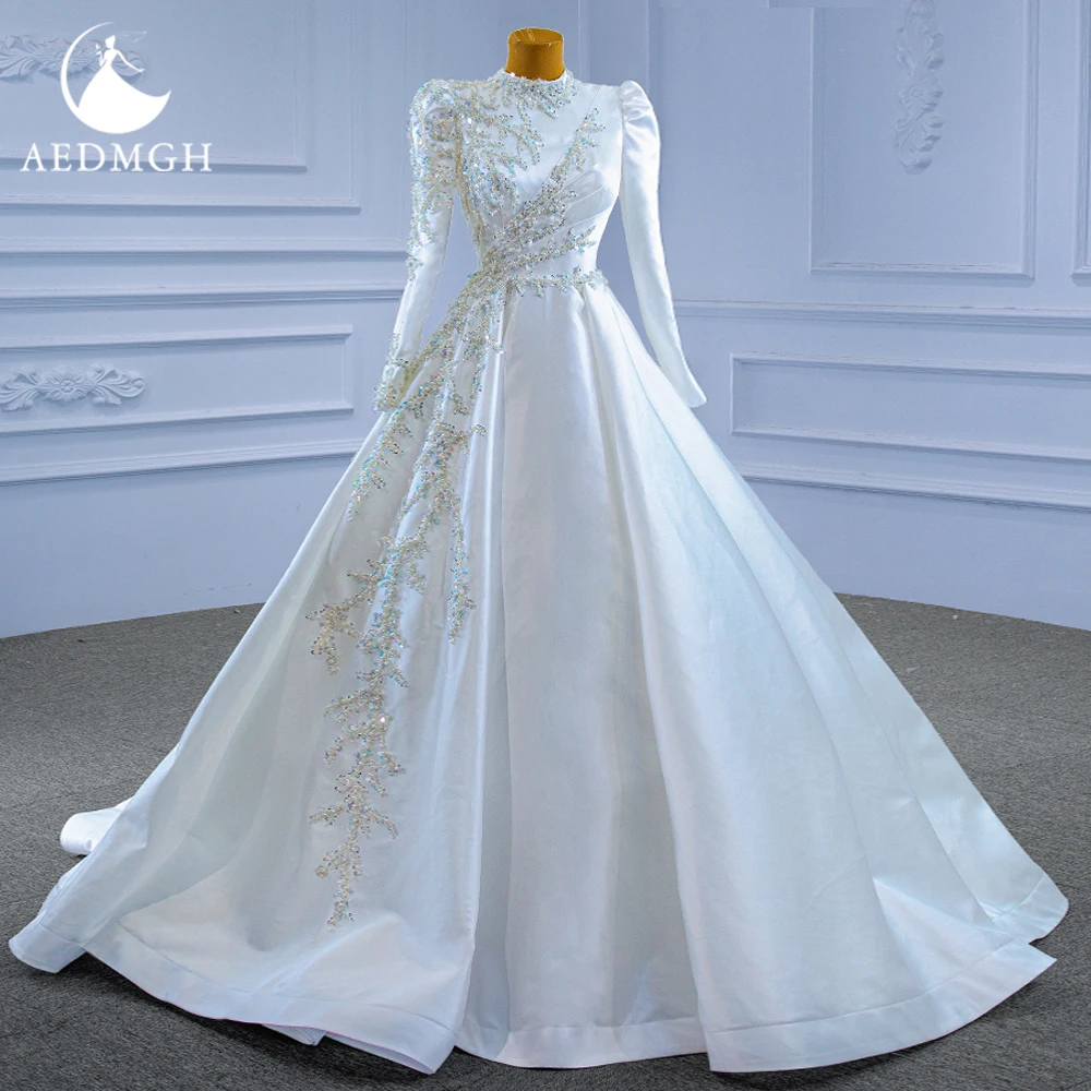 Aedmgh a-line abiti da sposa principessa 2024 collo alto manica lunga Robe De Mariee elegante perline paillettes raso Vestido De Novia