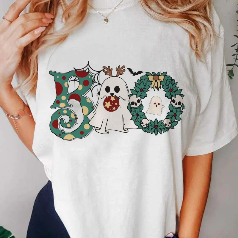 Watercolor Style Printed O-Neck Women's New Year's Fashion Shirt T-Shirt Casual Christmas Clothing Pattern Harajuku T-Shirt