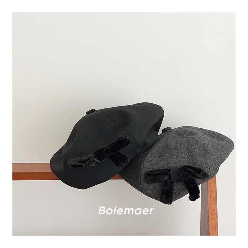 

Retro Bow Autumn Winter Girls Beret Hat Children's Beret Woolen Velvet Bow Kids Hat Girls' Fashion Hat Kids Accessories