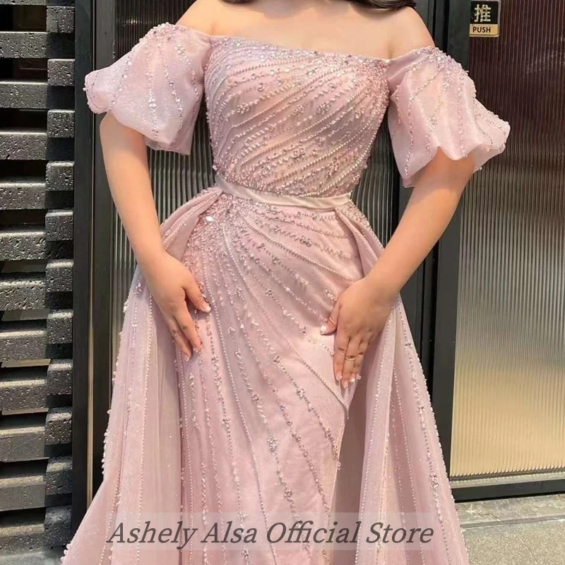 Customized Light Pink Women Evening Dress With Skirt Off Shoulder Beading Floor Length Formal Occasion Dress Party Pageant Gown