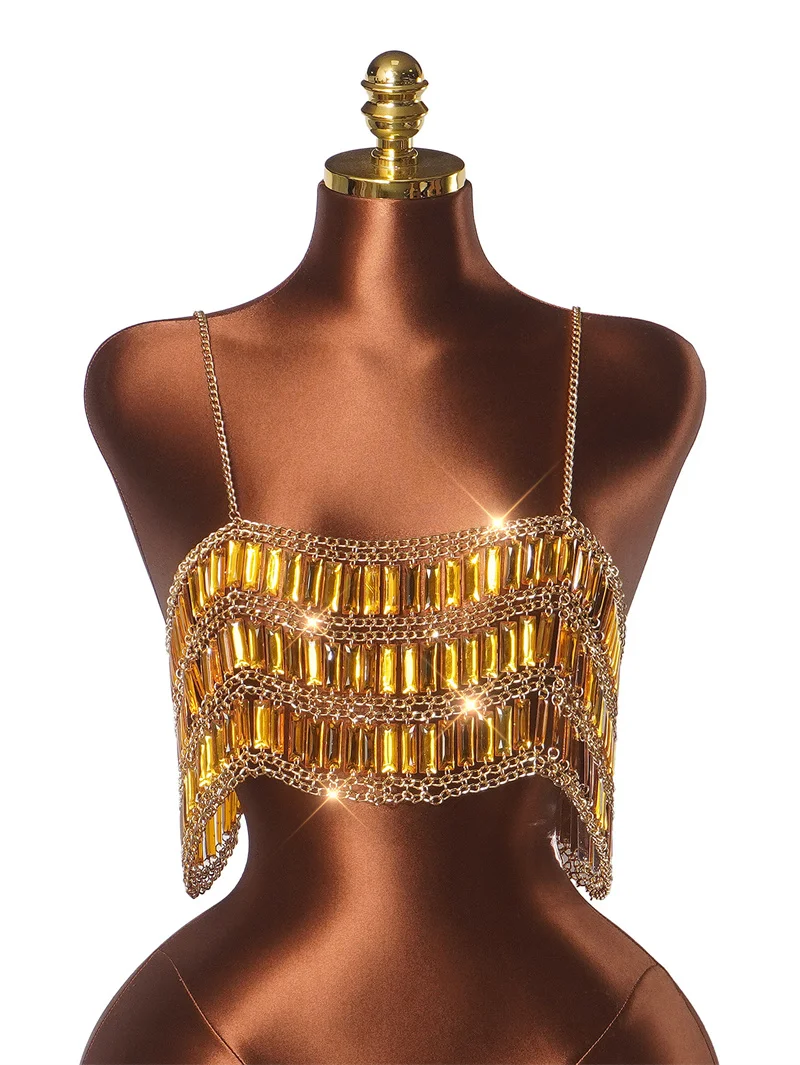 Women's Bling Rhinestone Beaded Tank Top Silver Acrylic Sexy Camisole Night Clubwear Beach Party Body Chain Jewelry