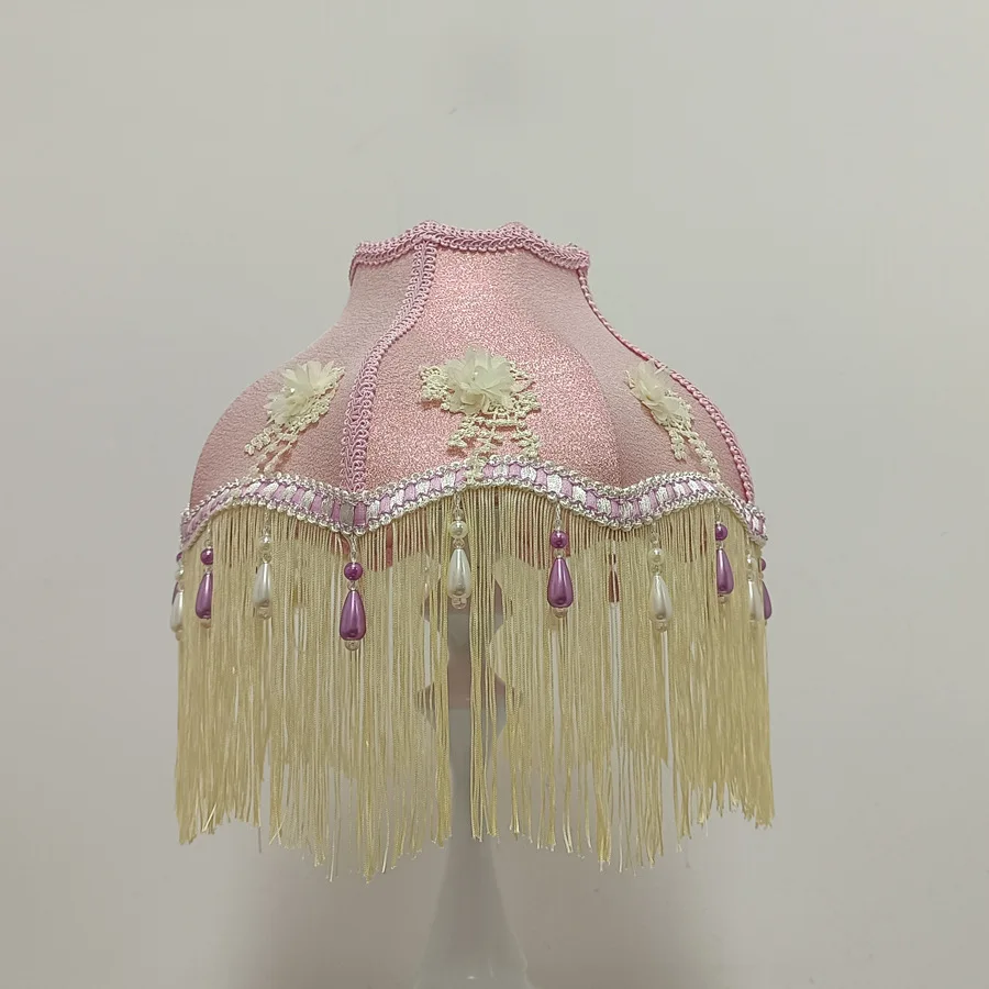 French Style Retro Pink Velvet Fabric Lampshade Floral Tassel Pendant Light Lampcover