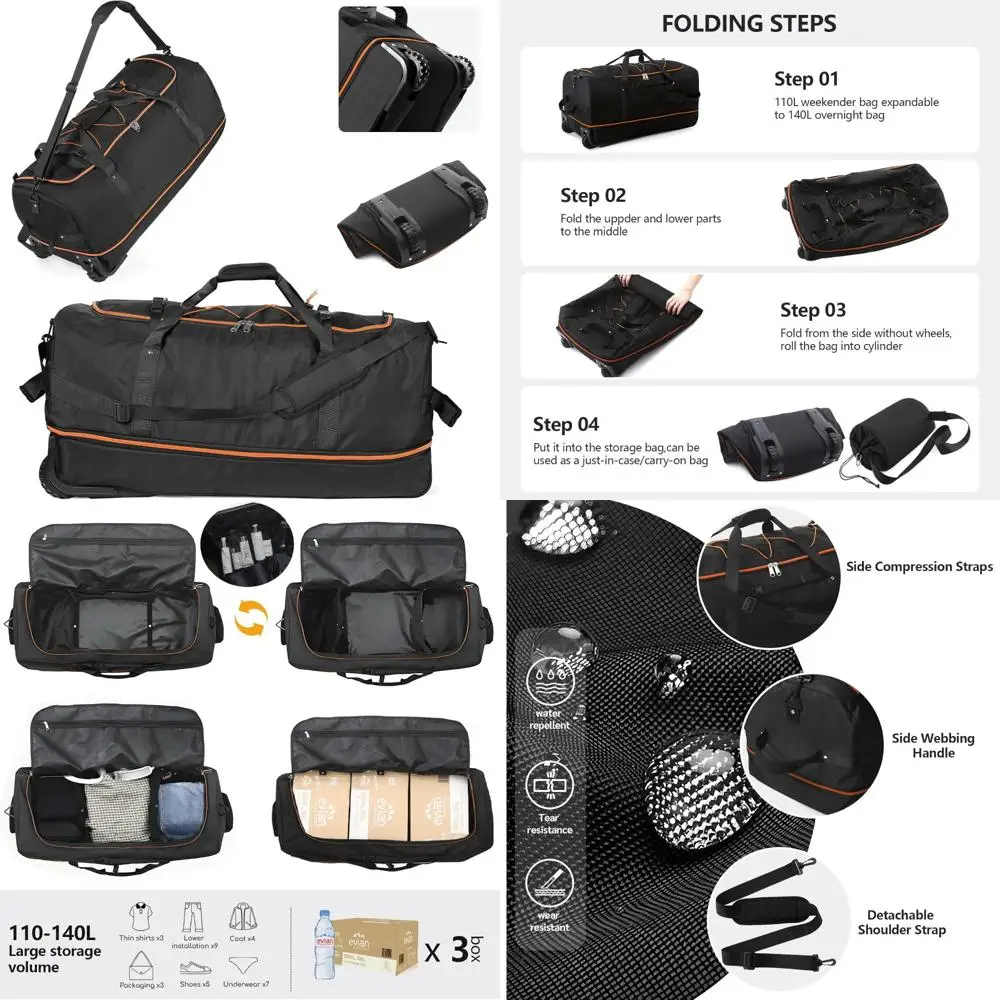 

Расширяемая дорожная сумка на колесиках, 110–140 л, мягкая дорожная сумка с двумя колесами, складная и с несколькими отделениями для улучшенного хранения.