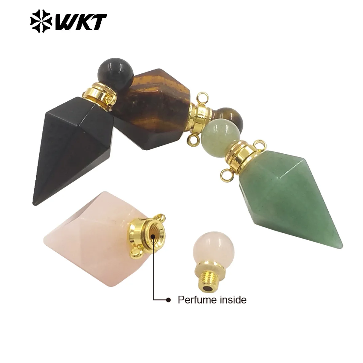 WT-P1983 Wholesale Fashion 18K Gold Plated Stainless Steel Double Loops Bullet Point Natural Quartz Perfume Bottle Pendant