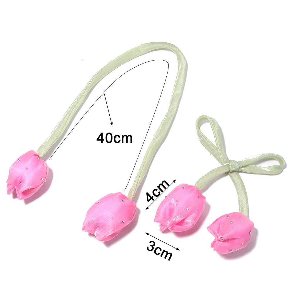 5pcs/lot  Multi Color Double Head Satin Tulip Bud Flower String Rhinestone Fabric Flower DIY Hair Rope Garment Decoration