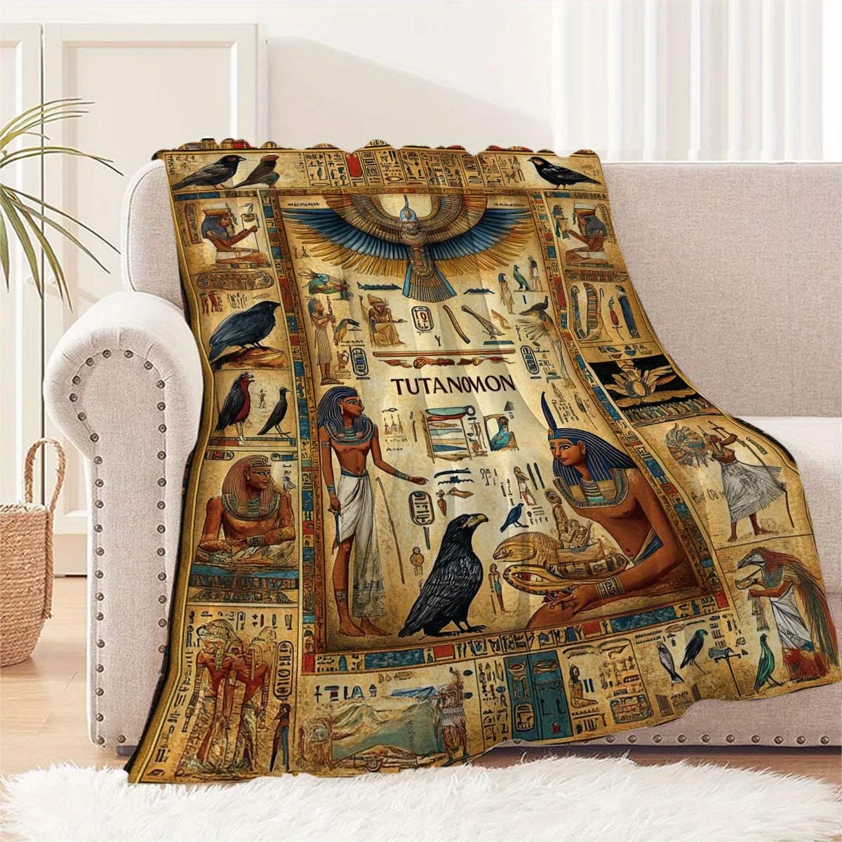 1pc Ancient Egyptian Print Flannel Blanket Soft, Cozy All-Season Throw with Vibrant Hieroglyphic Designs