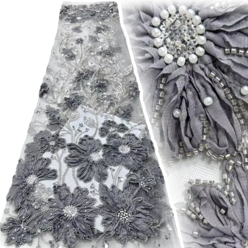 

Высококачественная 3D цветочная африканская кружевная ткань с вышивкой бисером для жениха, французская нигерийская кружевная ткань с блестками для свадебного платья, вечеринки A1335