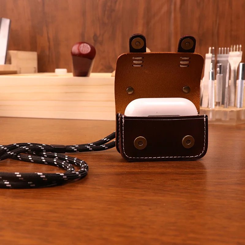 Earphone Protect Bag Creative Design Colorblock Genuine Cow Leather Change Wallet Small Coin Purse Halter Neck Button Mini Pouch