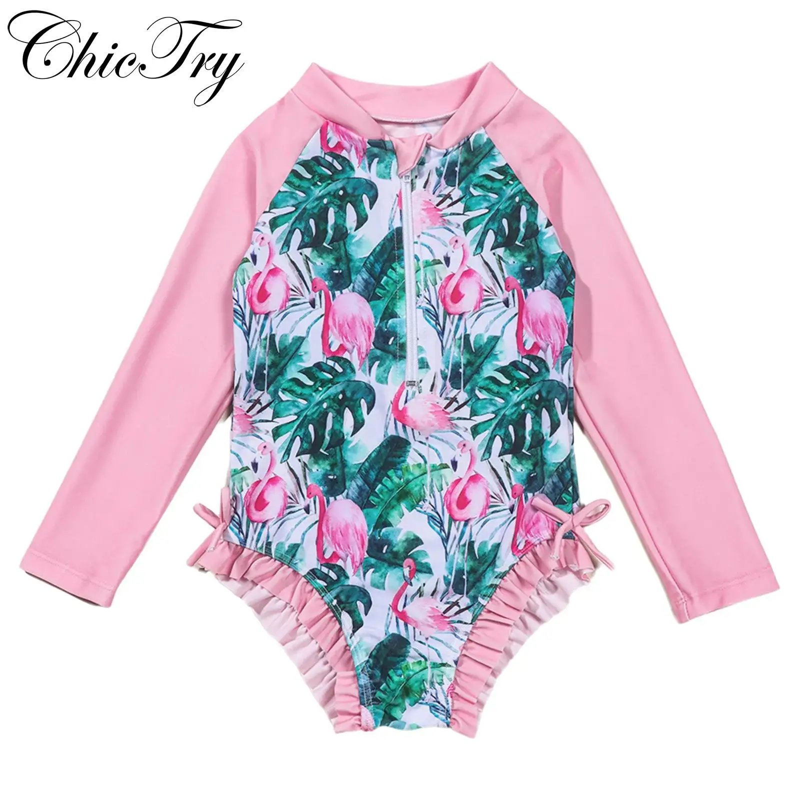 

Kids Girls One Piece Swimsuit Leaf and Bird Printed Swim Leotard Swimwear Long Sleeve Bowknot Ruffled Hem Bodysuit Bathing Suit