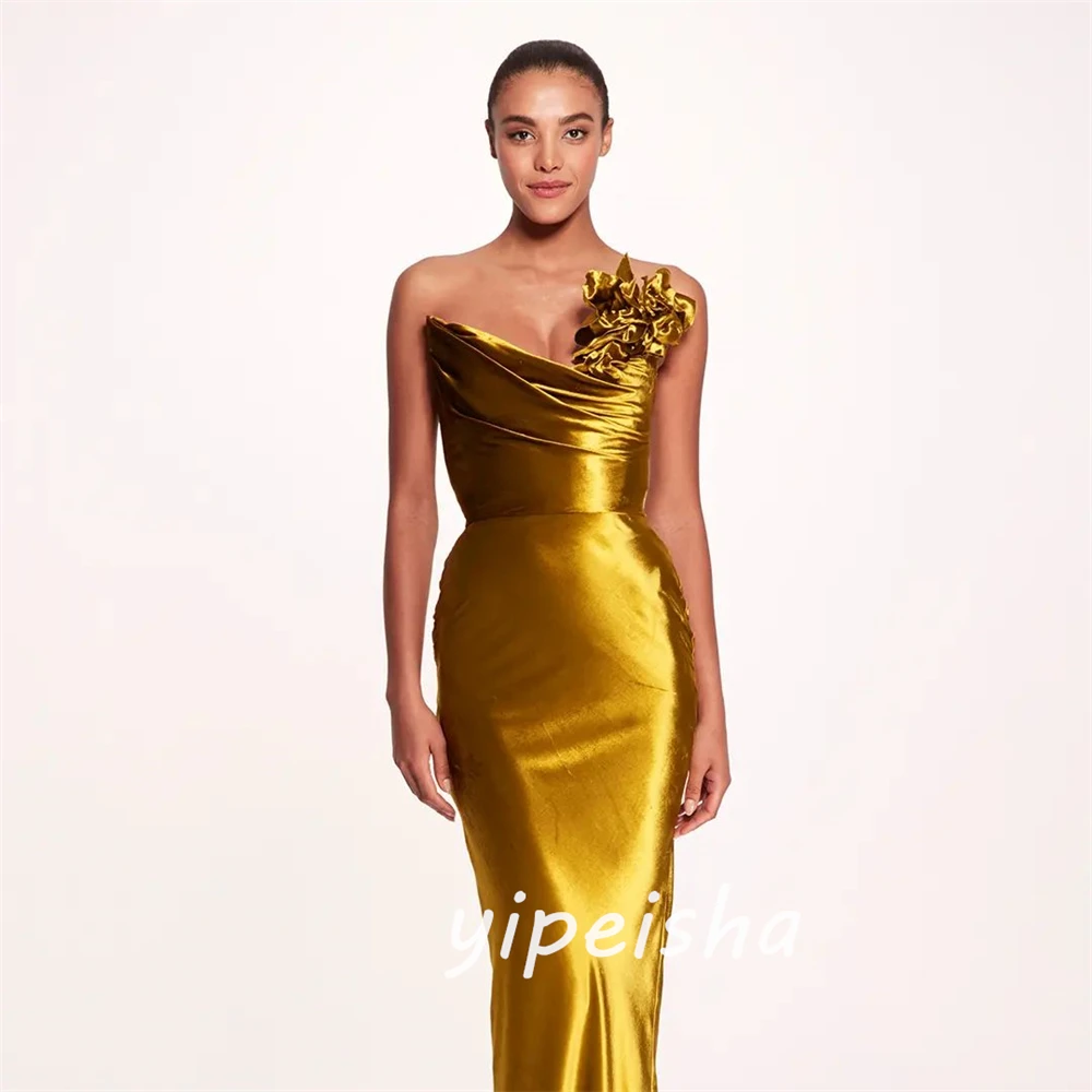 Customized Evening  Sexy Casual  Satin Flower Ruched Beach A-line Strapless Bespoke Occasion Gown Midi Dresses