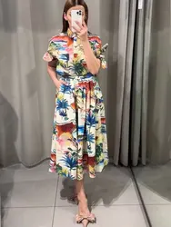 HH 2024 Women Summer Casual Print 2 Pieces Set Pockets Lapel Single-Breasted Shirt Top+Slim Pleated Zipper Pocket Skirt