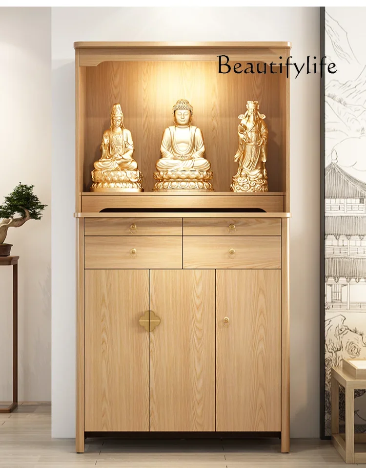 

W Chinese Solid Wood Buddha Niche Clothes Closet Home Guanyin God of Wealth Incense Burner Table