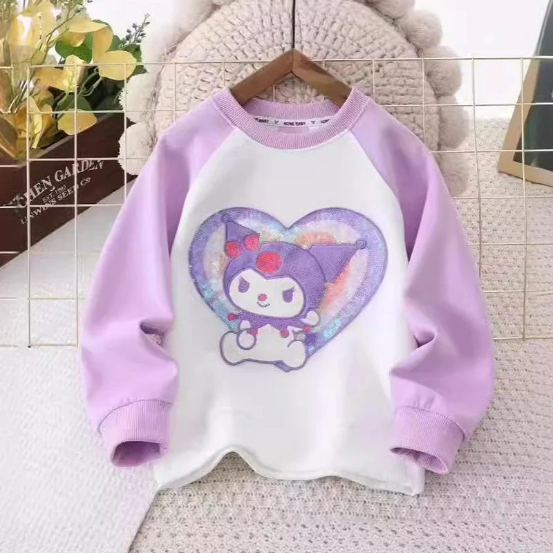 Kuromi-Sudadera con capucha de lentejuelas de cuello redondo para niños, ropa Kawaii de Anime Sanrio, patrón de dibujos animados, manga larga, regalo para niños, 2024