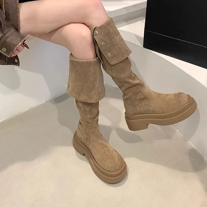 Thick soled high top knight boots 2025 new suede two over knee boots retro long boots for women