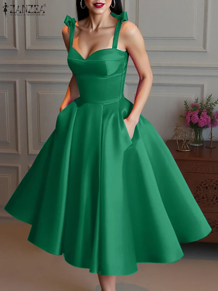 

ZANZEA Women Retro Evening Dress Spaghetti Strap Mid-Calf Party Dress 2025 Elegant Square Collar Sleeveless Vestidos Summer Robe