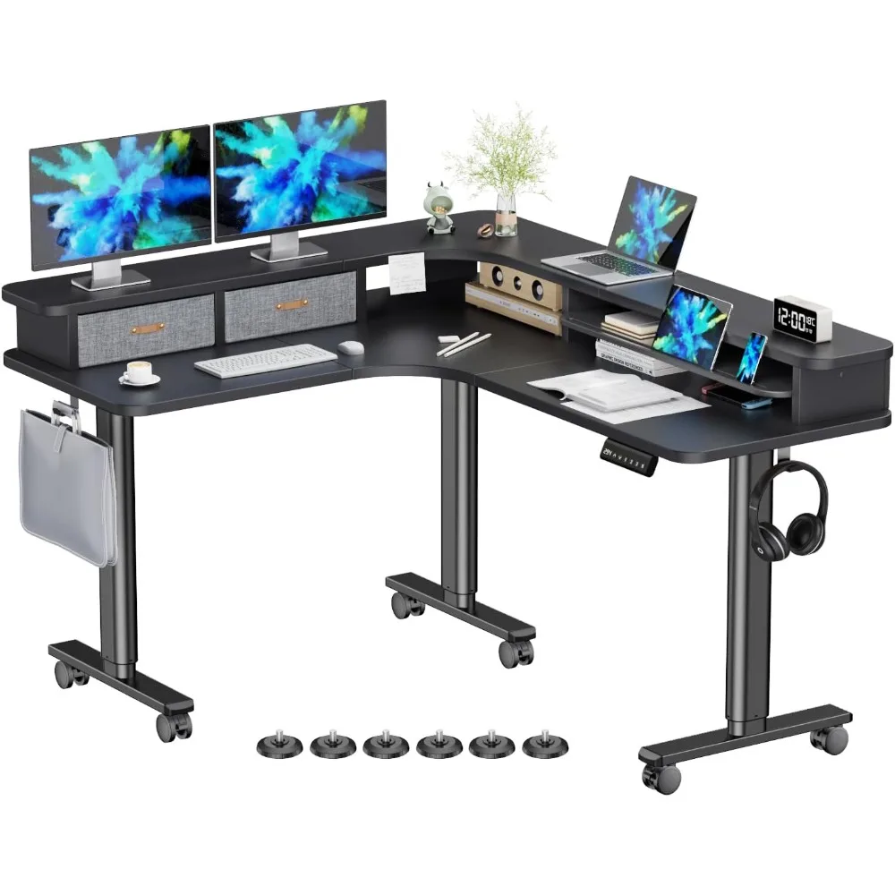 

63"x55" L-shaped standing desk with drawers, corner adjustable height, dual motor sit stand desk with 3 memory preset & lock