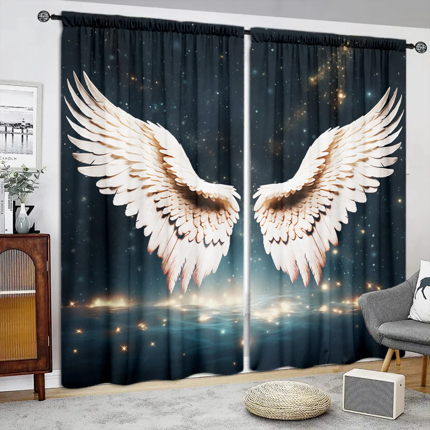 

2pcs Angel Wings Printed Curtain For Home Decor Rod Pocket Window Treatment For Bedroom Office Kitchen Living Room Study cortina