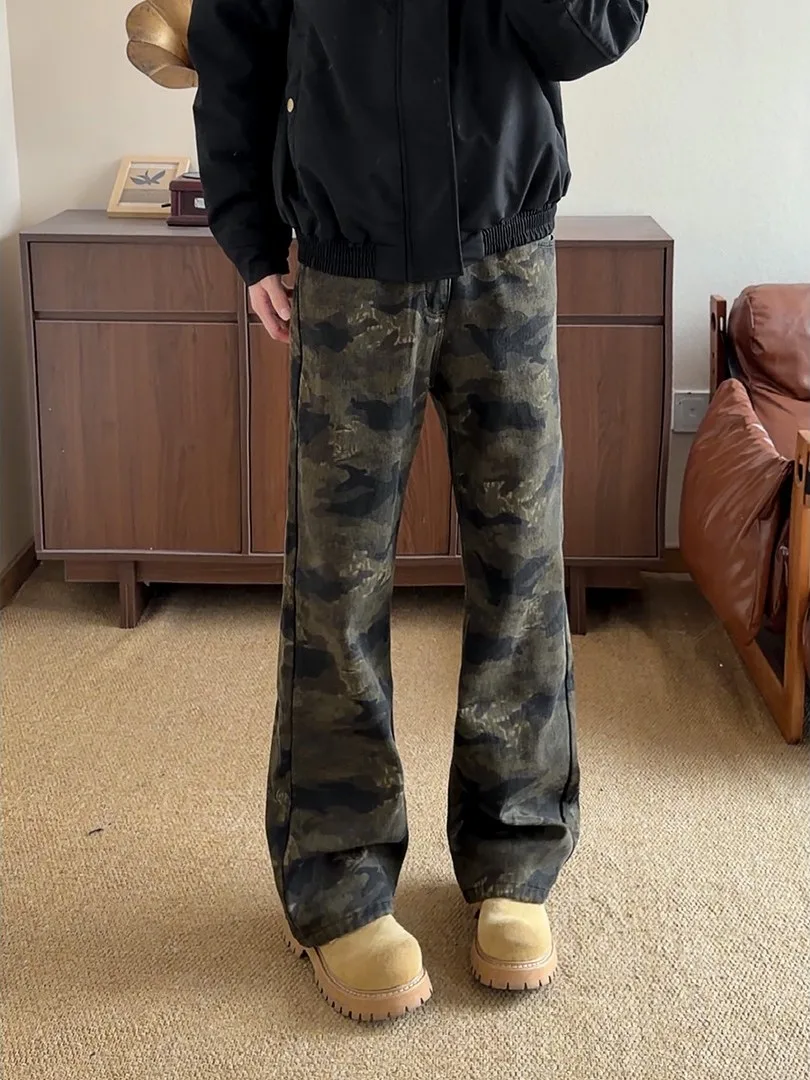 

American Retro Camouflage Trousers Men's Faion Slim Straight Leggings Winter Fce Youth Jeans Cotton Polyester Blend