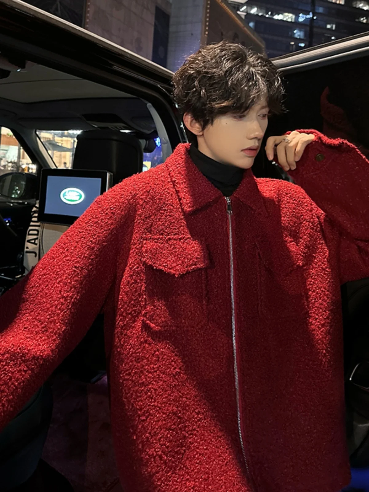 

Red Plaid Men's ort Baseball Jaet Autumn Winter Thiened Woolen Coat Cleanfit Workwear High Collar Zipper Closure Outerwear