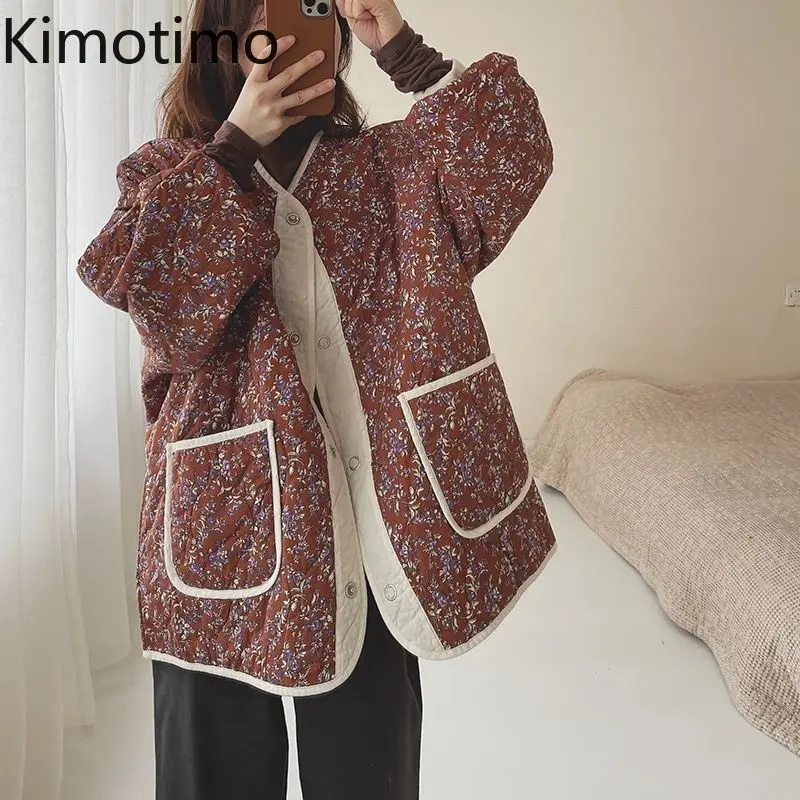 Kimotimo Jacket Women 2024 Winter Floral Printed Color Block V Neck Loose Parkas Coats French Vintage Warm Pockets Tops Invierno