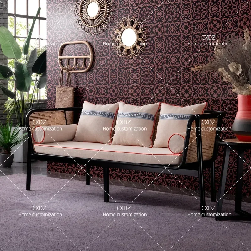 Wabi Sandy Wind Rattan Sofa Set Nordic Living Room Solid Wood Backrest Leisure Recliner Bed and Breakfast Balcony Rattan
