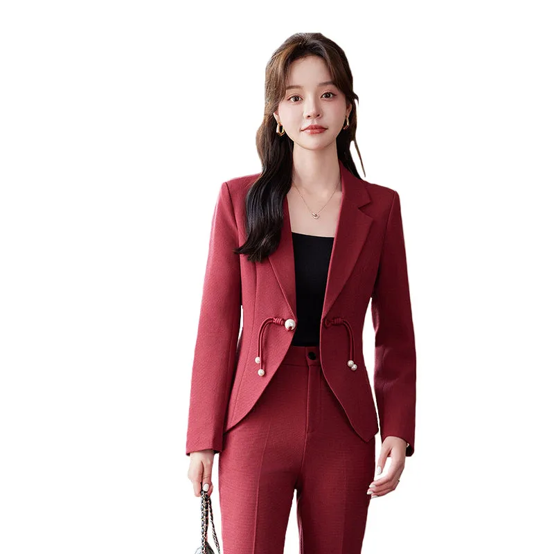 Elegant National Style Buckle Pants Suit  2024 Autumn New Professional Temperament Slim Blazer And Pants Office Ladies Work Wear