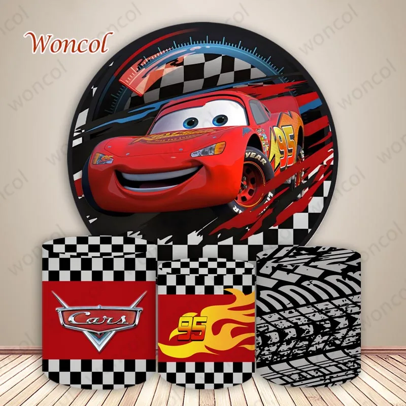 

Cars Mcqueen Round Backdrop Child Birthday Baby Shower Photo Backdrop Racing Car Circle Cylinder Decorations Photocall Props