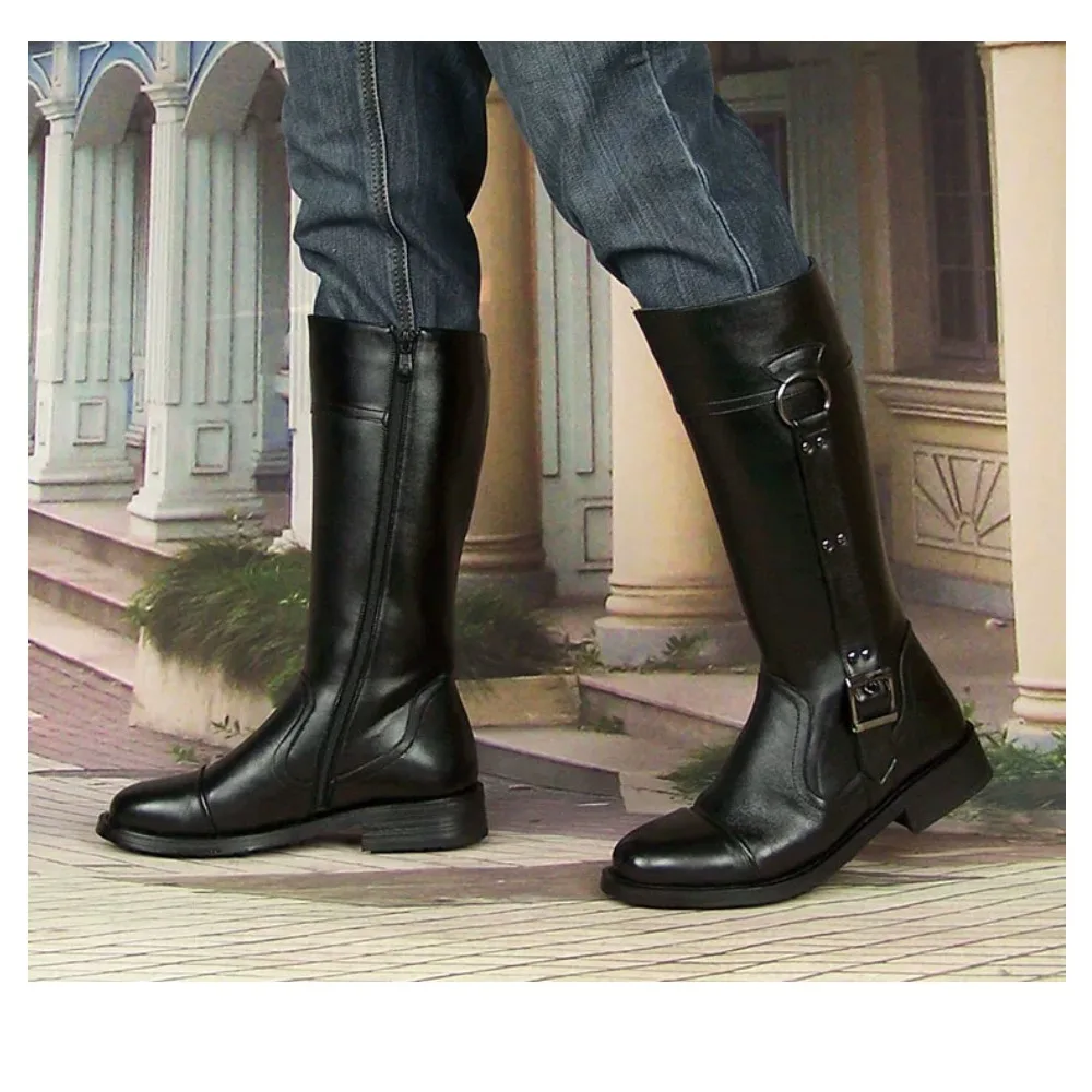 Fashion Men's Embossed Leather Guard of Honor Horse Equestrian Boots Mid-calf Harness Boots Buckle Strap Western Knight Shoes