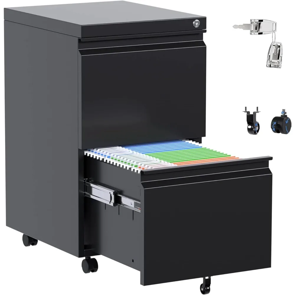 Metal 2 Drawer Mobile File Cabinet with Lock, Under Desk Office Steel Filing Cabinet, 25.6''H Legal