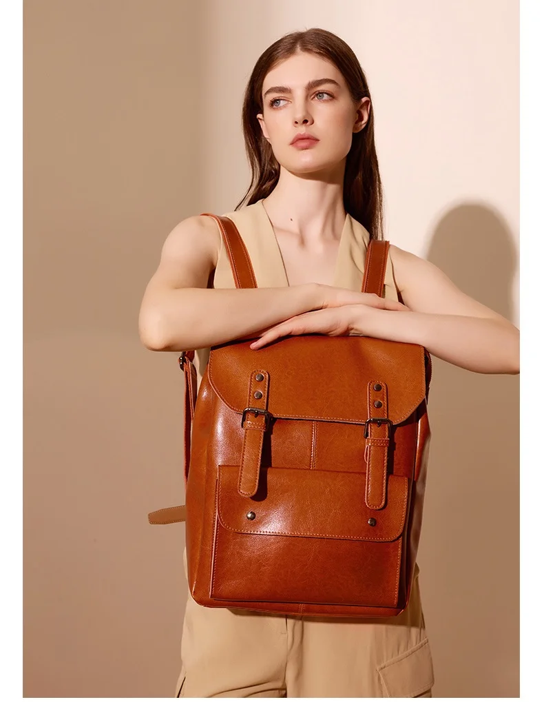 Genuine leather Backpack Women\'s wear-resistant cowhine computer Knapsack College style 14 \