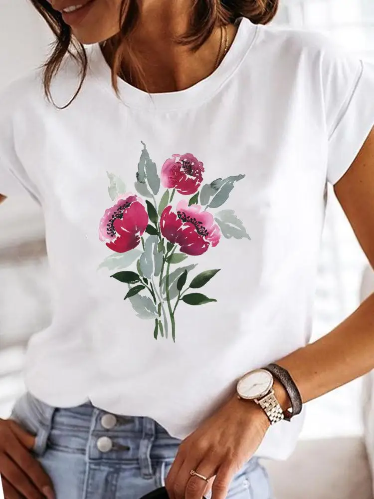 Aquarel Bloem Nieuwe 90S Casual Zomer T Kleding T-shirts Korte Mouwen Kleding Dames Vrouwen Print Mode Vrouwelijke Grafische Tee