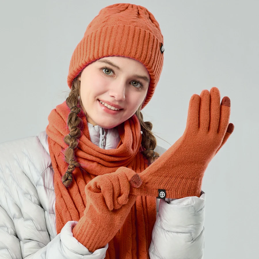 Зимняя шапка-бини, перчатки, комплект длинных шарфов, утолщенные вязаные шапочки, шарфы, комплект для женщин, желтый, красный, бежевый, оранжевый, Fushia