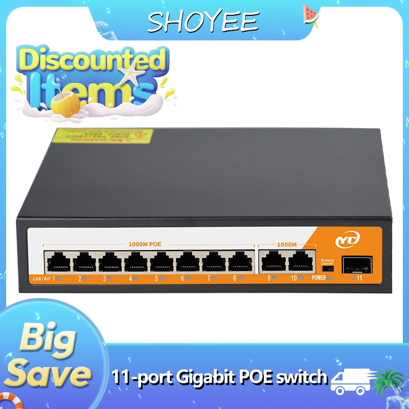 

11-портовый гигабитный Ethernet-коммутатор POE RJ45 SPF с невимужным подключением 802.3af/at Plug and Play, для IP-камеры/NVR