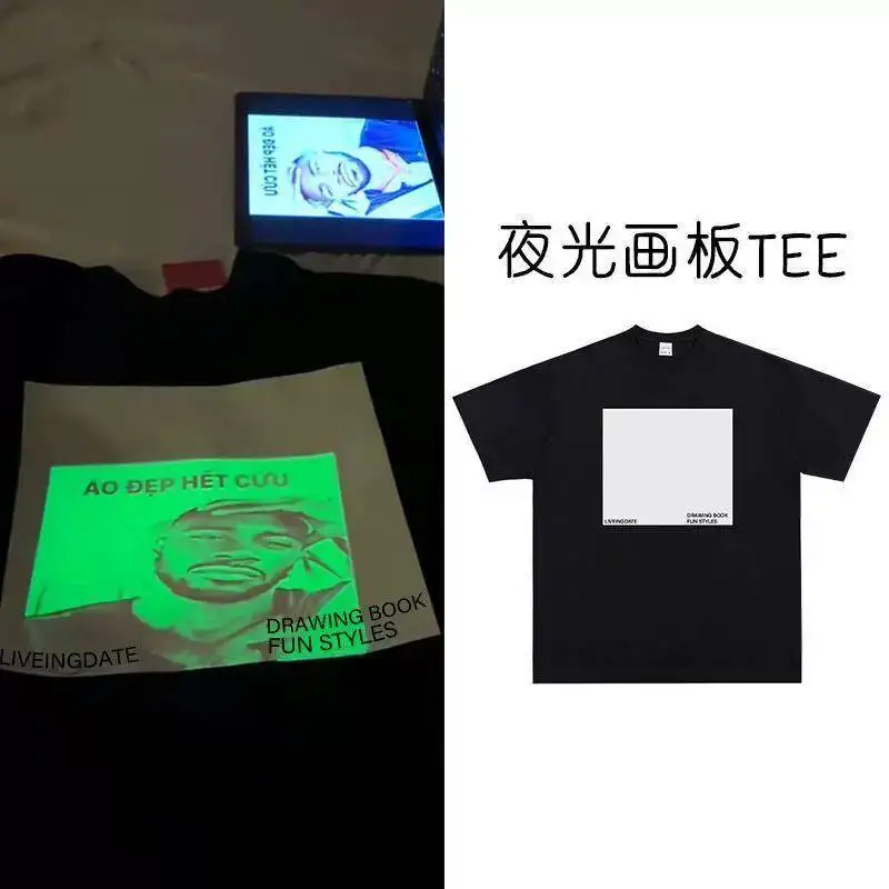 2026 American Style Light Sensitive Color Changing Short Sleeve T Shirt Heavy Cotton Fluorescent Green Print Luminous Streetwear
