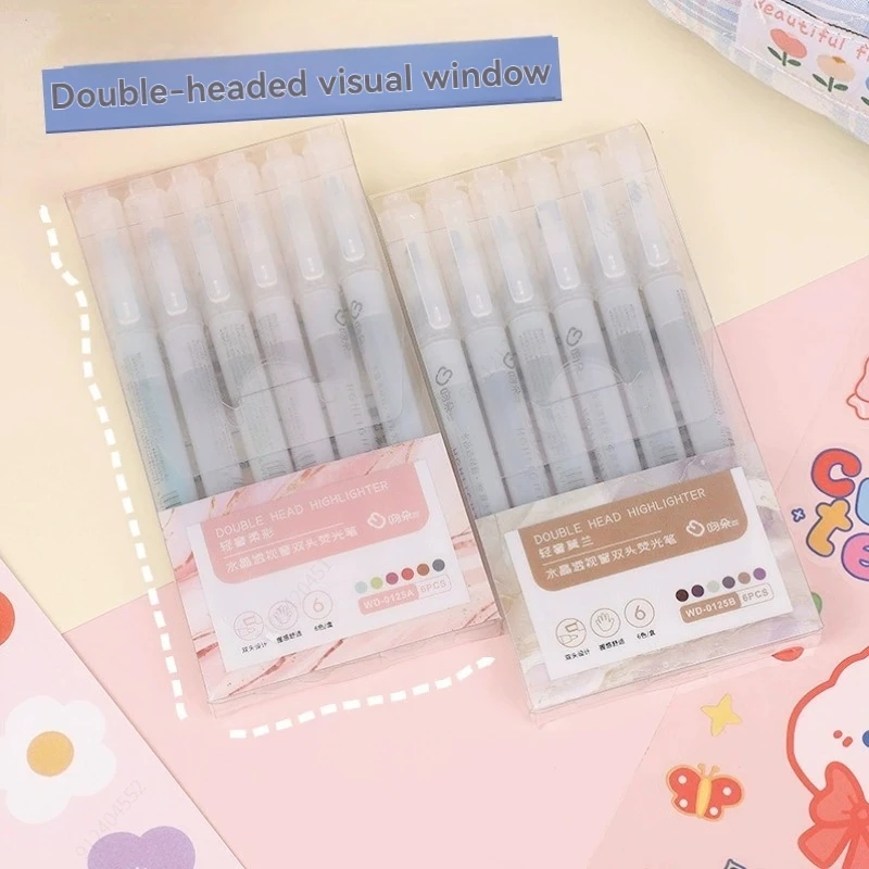 

6 Colors/Set Unique Double Tip Highlighter Pen Pastel Color Midline Highlighters Marker School Stationery Supplies