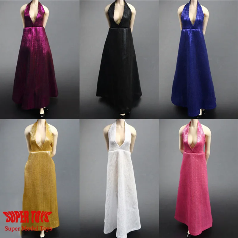 

CTC-001 1/6 Halter Neck Women Deep V-Neck High Flik Evening Dress Red Carpet Skirt Accessory For 12'' Action Figure Body