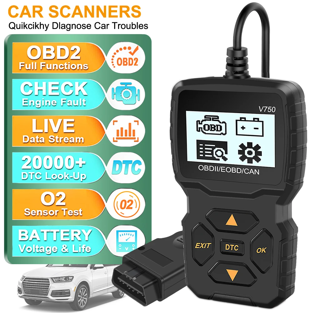 Car Diagnostic Tool Read Vehicle Information Check Engine System Code Reader Multi-language OBD2 Scanner V750 Battery Tester