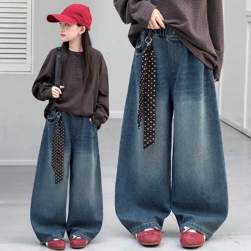 New Children Fashion Autumn Curved Jeans for Tweens Girl Wide Leg Denim Pants Kids Casual Loose Trousers with Bag Cover Design