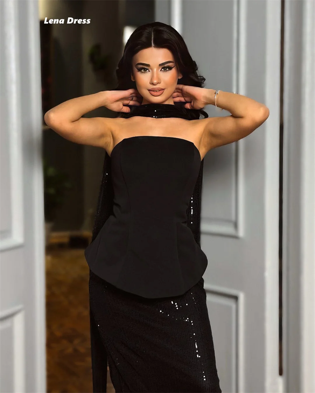 Vestidos Lena 2025 Vestidos de noche de lujo para ocasiones especiales Vestido de fiesta de boda negro Vestido elegante de sirena hecho a medida brillante