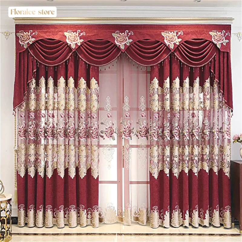 

Luxury Red Blackout Curtains for Living Room and Bedroom Embroidery Valance Luxury Window Drapes for Villa Sheer Tulle