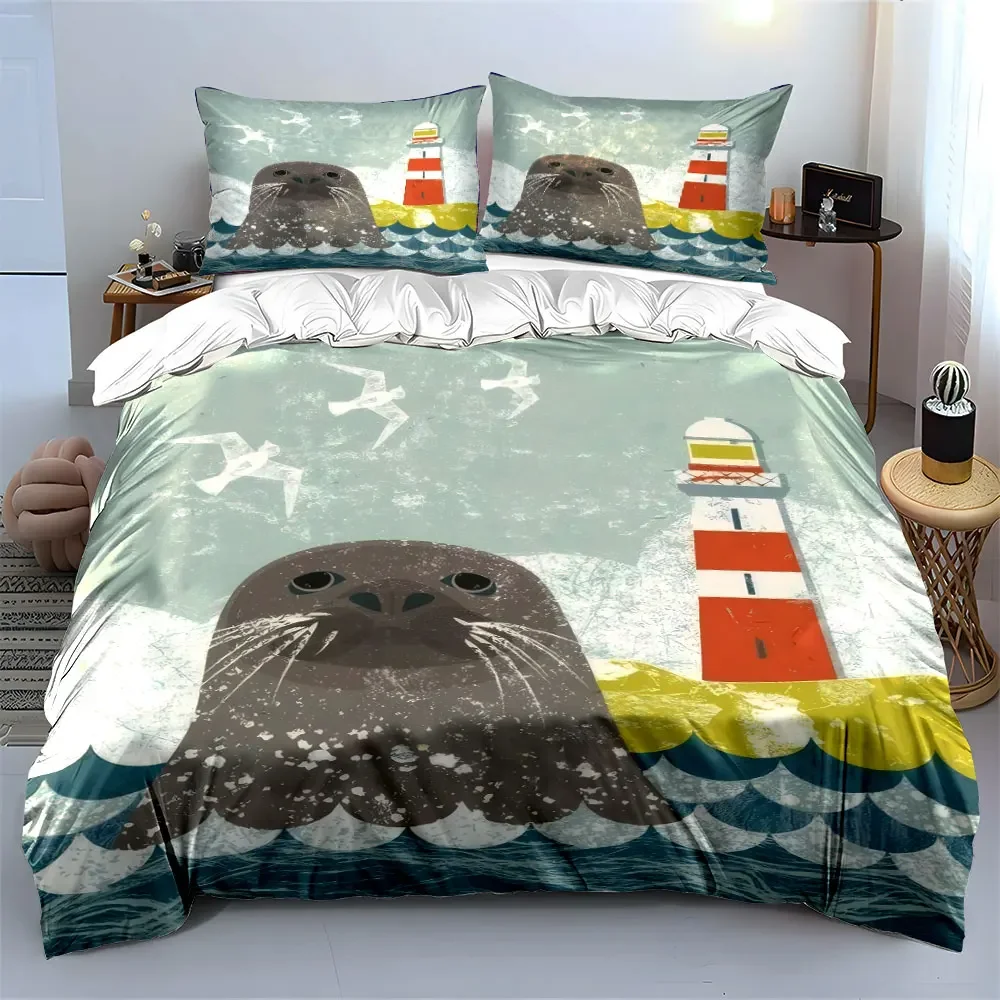 

Seal Lighthouse Coastal Decor Set Soft Comfortable Duvet Cover Bedding Set Included 1*Duvet Cover & 2*Pillowcases, gift