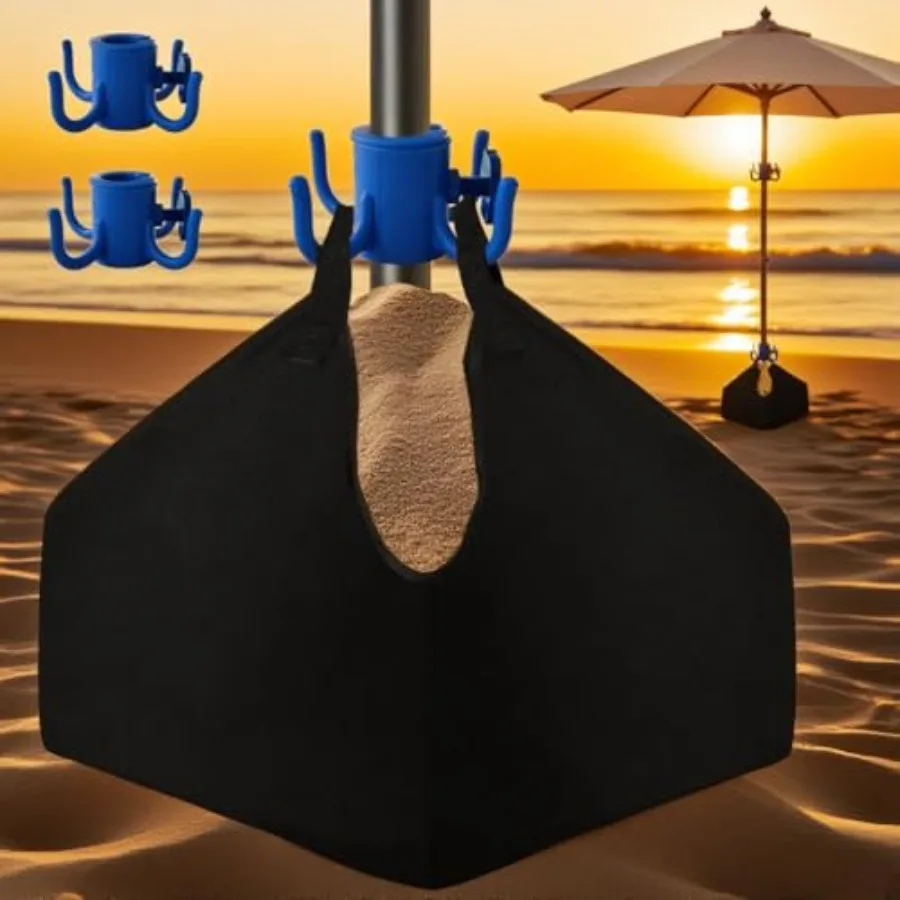Fillable Weights Sand Bags+2 Pcs Umbrella Hanging Hook -Portable Beach Umbrella Sand BagsandBase Weight Heavy Duty 600D Oxford