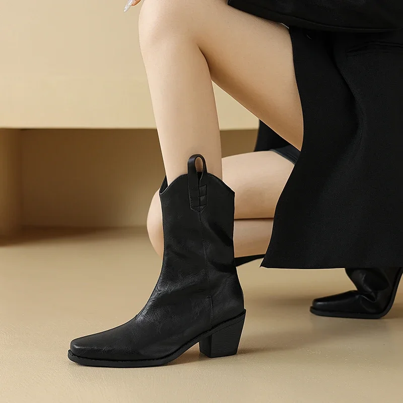 2024 new spring antumn women ankle boots plus size 22-26.5cm Microfiber square toe thick heel western boots Amazon short boots