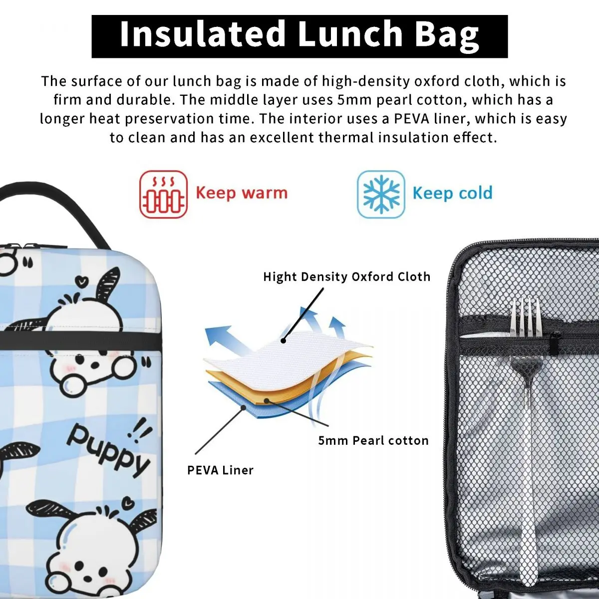 Borsa termica per borse da pranzo con motivo a Pochacco per cani carino Contenitore per il pranzo grande Tote Lunch Box borse per alimenti viaggi di