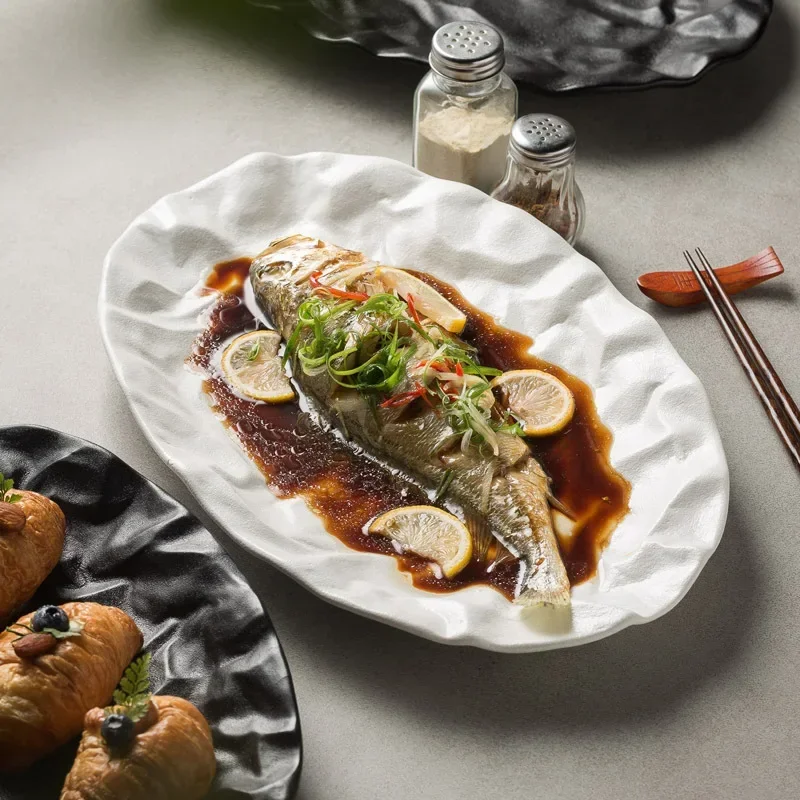 Household steamed fish plate Modern simple wavy fish  Hotel restaurant cake tray Dan-shaped plate artistic conception