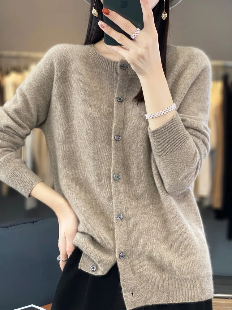 100% Merino Wool Sweater Women Knitted Cashmere Cardigan Basic Knitwear Fashion Spring Autumn Female O-Neck Clothing Tops