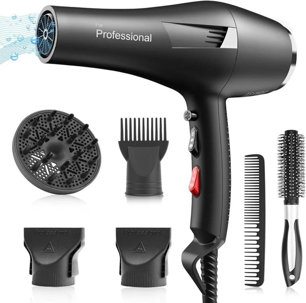 

Ionic Salon Hair Dryer 2200 Watt AC Motor 2 Speed Fast Dry 3 Heat Settings Cool Down Button with Diffuser Nozzle Spotting Comb