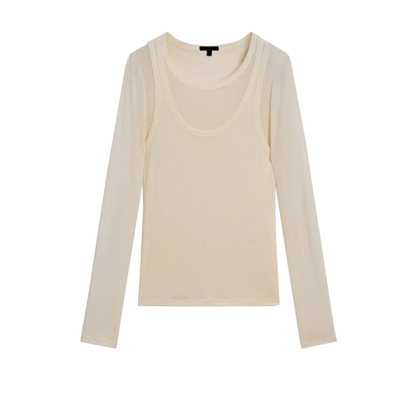 Dzianinowa długa bluzka z okrągłym dekoltem, dopasowana, jednolita, do pracy, jako warstwa bazowa, prążkowana, nowość 2024